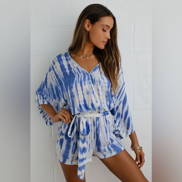 Lulus Size XS Seaside Gale Blue Tie-Dye Surplice Bodice Wide Half Sleeves Romper - Picture 2 of 5